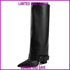 Knee High Boots Fold Over Chunky High Heel Wide Calf Pointed Toe Polyurethane
